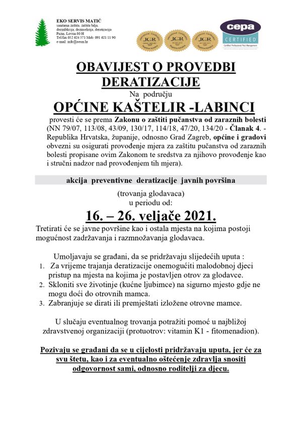 OBAVIJEST O PROVEDBI DERATIZACIJE